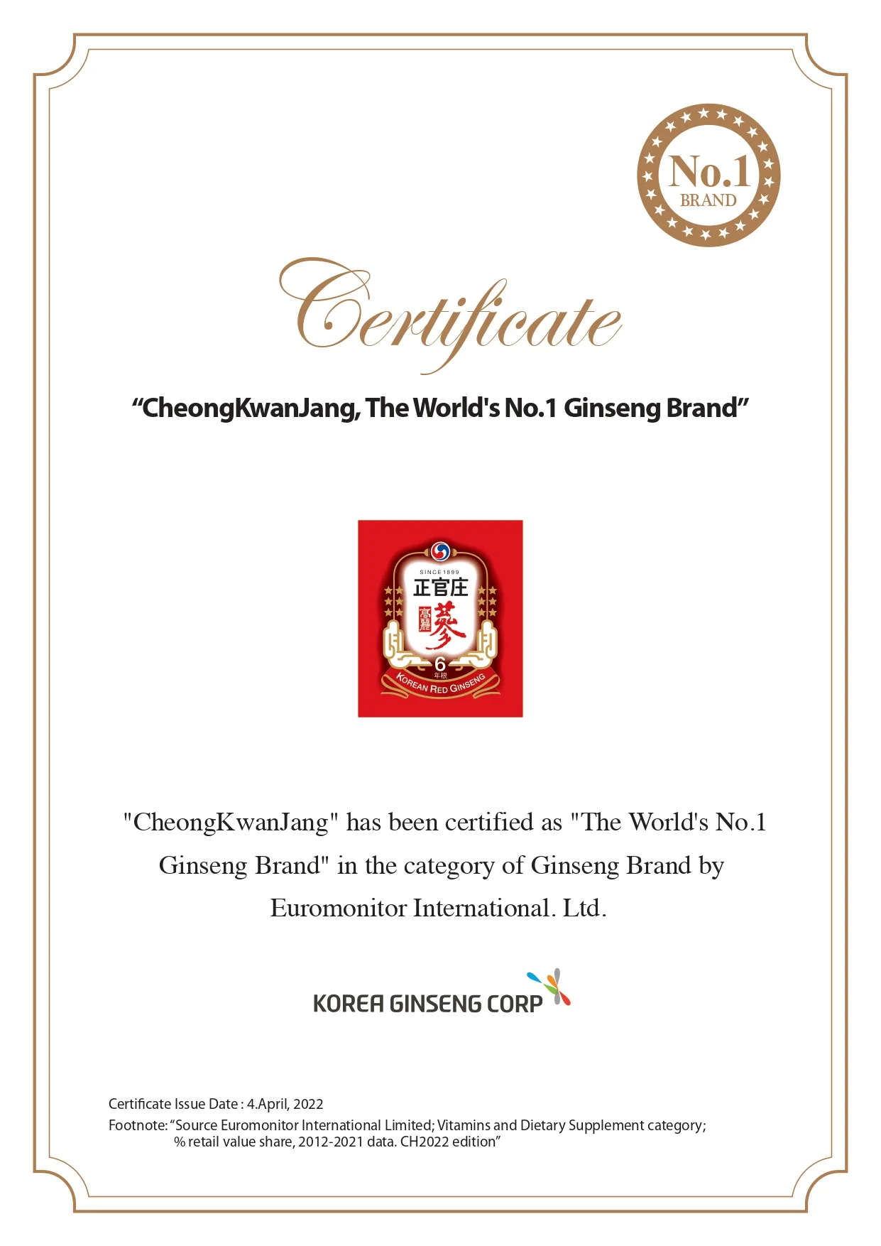 Giấy chứng nhận Cheong Kwan Jang thương hiệu nhân sâm số 1 thế giới